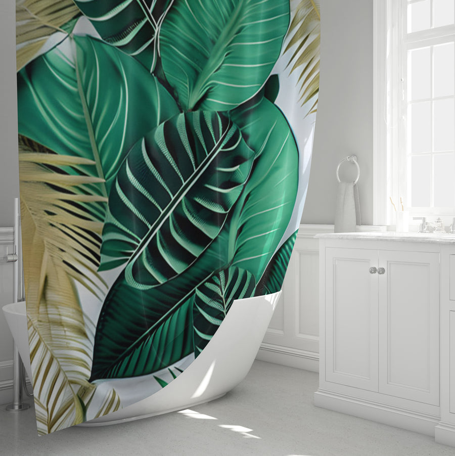 Green Tropical Leaf Pattern Shower Curtain