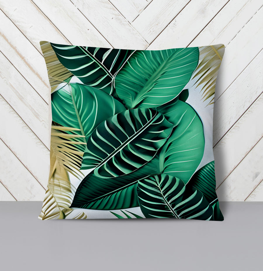 Green Tropical Leaf Pattern Throw Pillow Cover