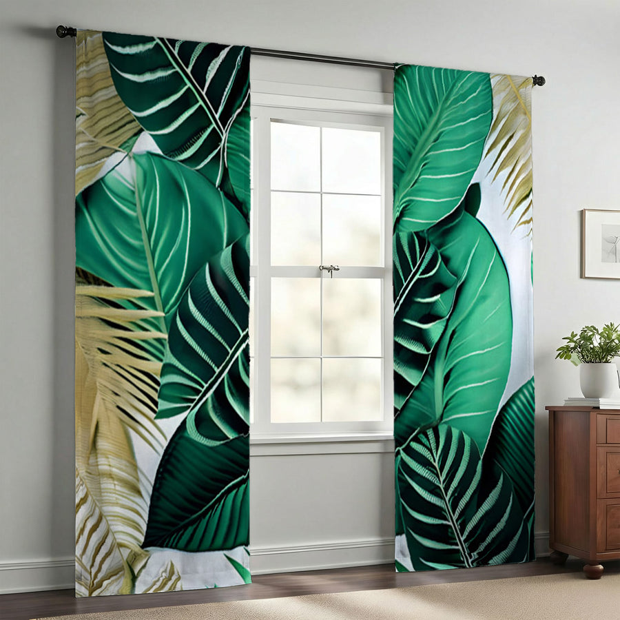 Green Tropical Leaf Pattern Window Curtains