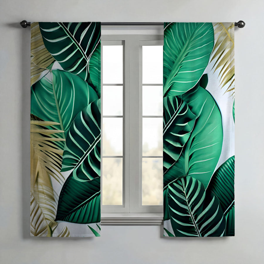 Green Tropical Leaf Pattern Window Curtains