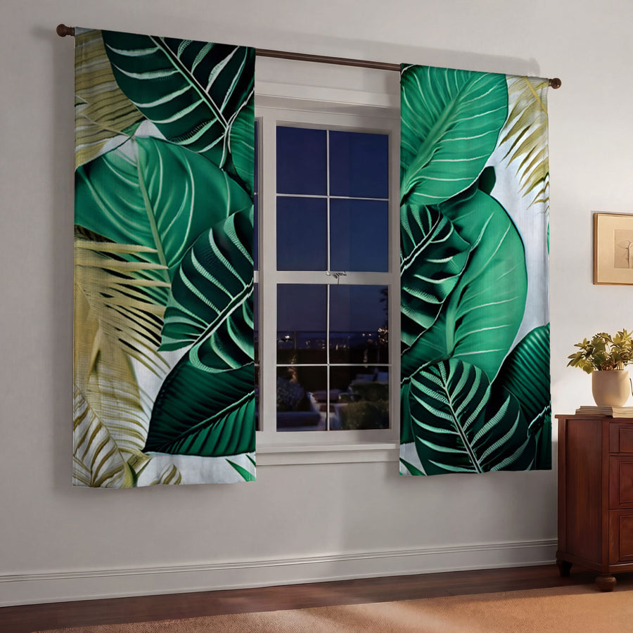 Green Tropical Leaf Pattern Window Curtains