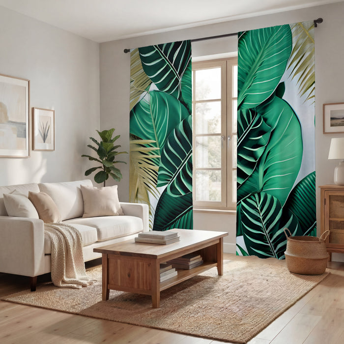 Green Tropical Leaf Pattern Window Curtains