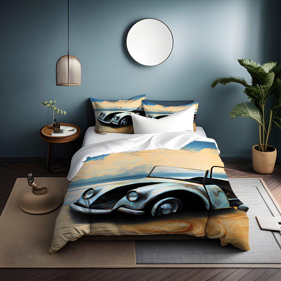 Blue Vintage Car Coastal Artwork Duvet Cover