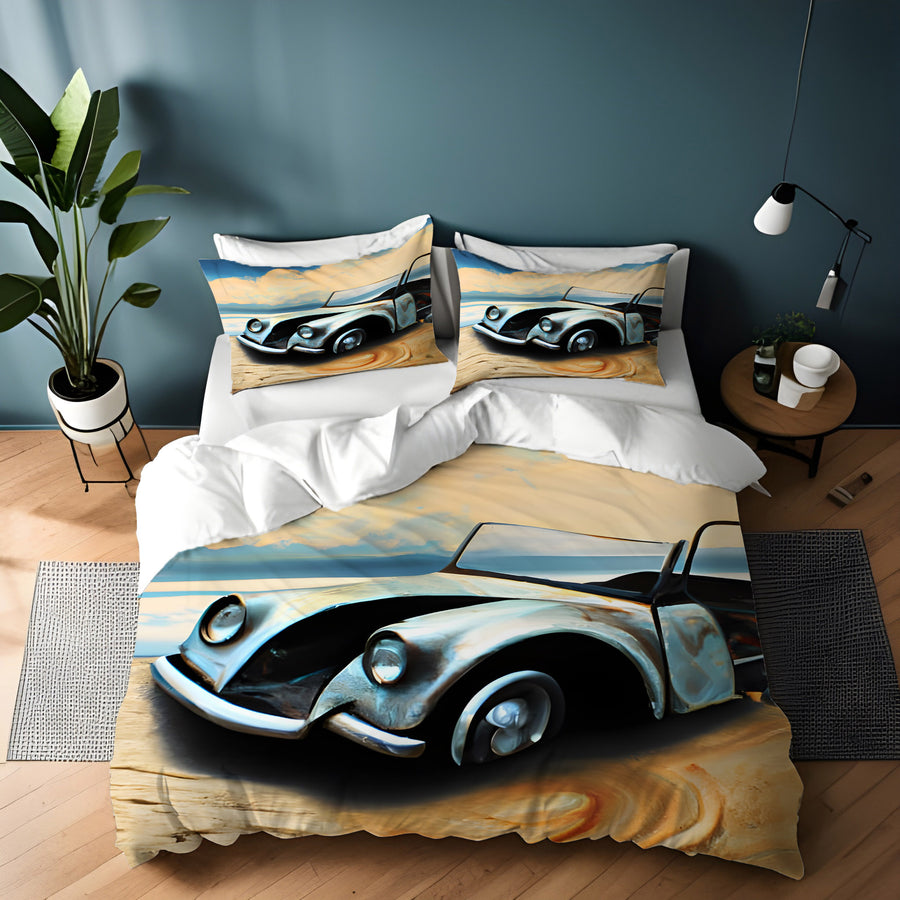 Blue Vintage Car Coastal Artwork Duvet Cover