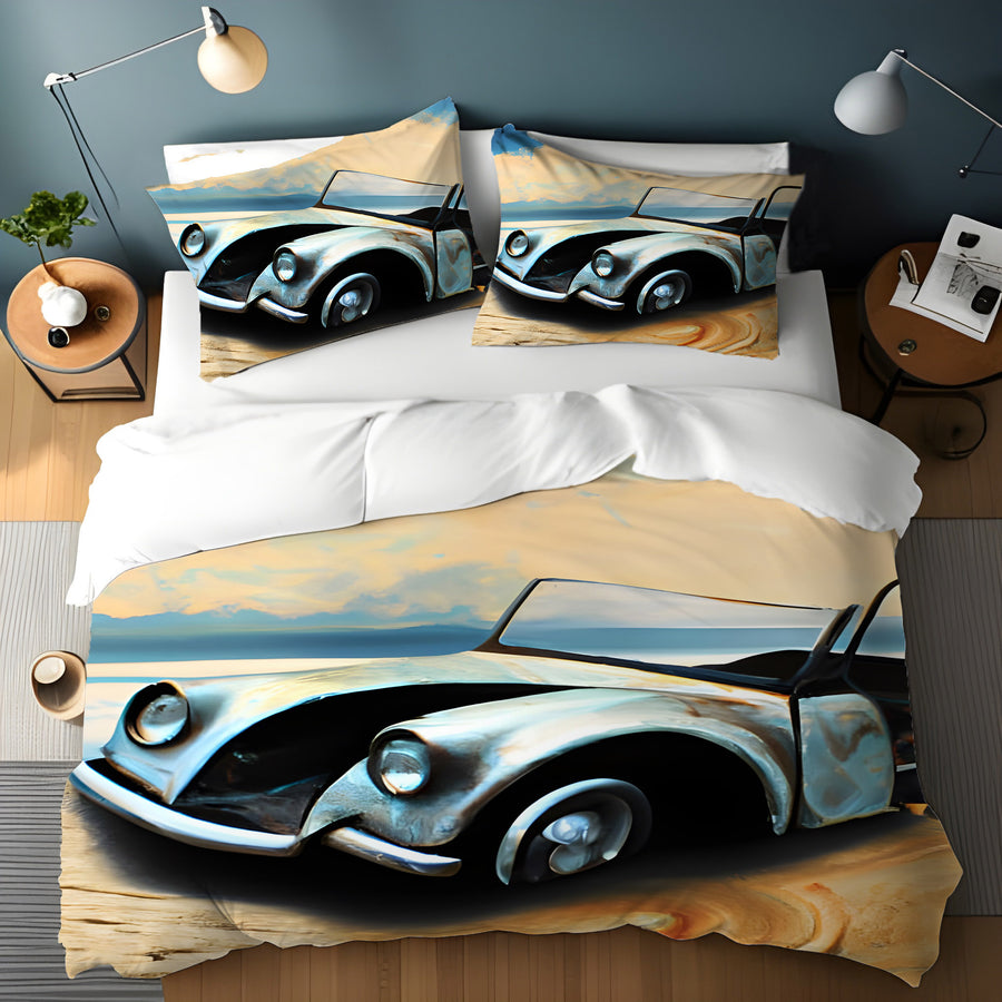 Blue Vintage Car Coastal Artwork Duvet Cover