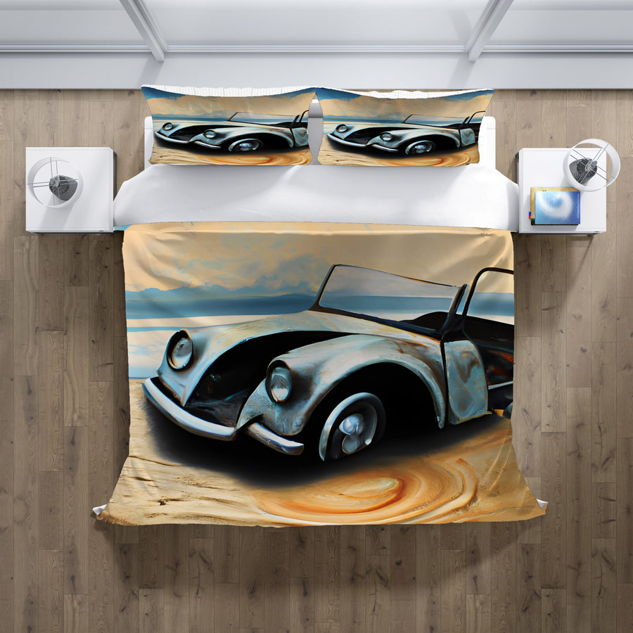 Blue Vintage Car Coastal Artwork Duvet Cover