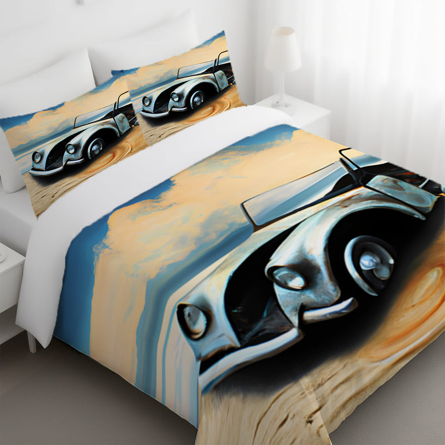 Blue Vintage Car Coastal Artwork Duvet Cover