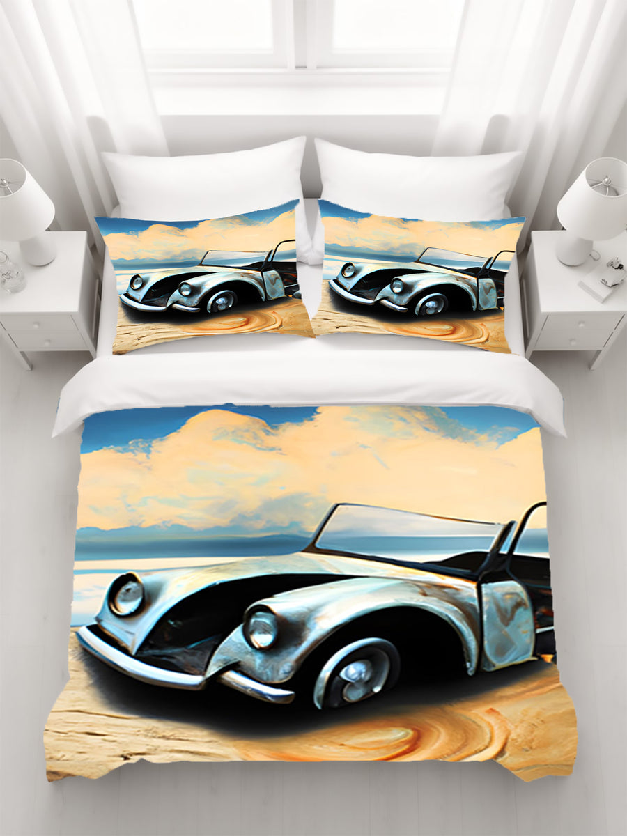 Blue Vintage Car Coastal Artwork Duvet Cover