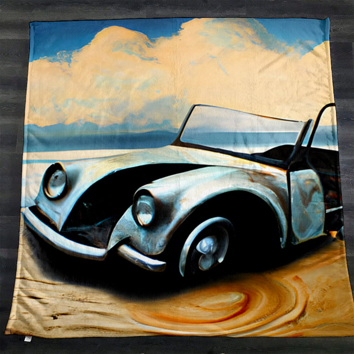 Blue Vintage Car Coastal Artwork Fleece Sherpa Blanket