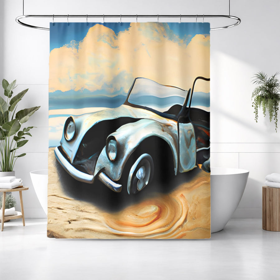 Blue Vintage Car Coastal Artwork Shower Curtain