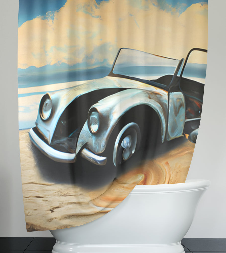 Blue Vintage Car Coastal Artwork Shower Curtain