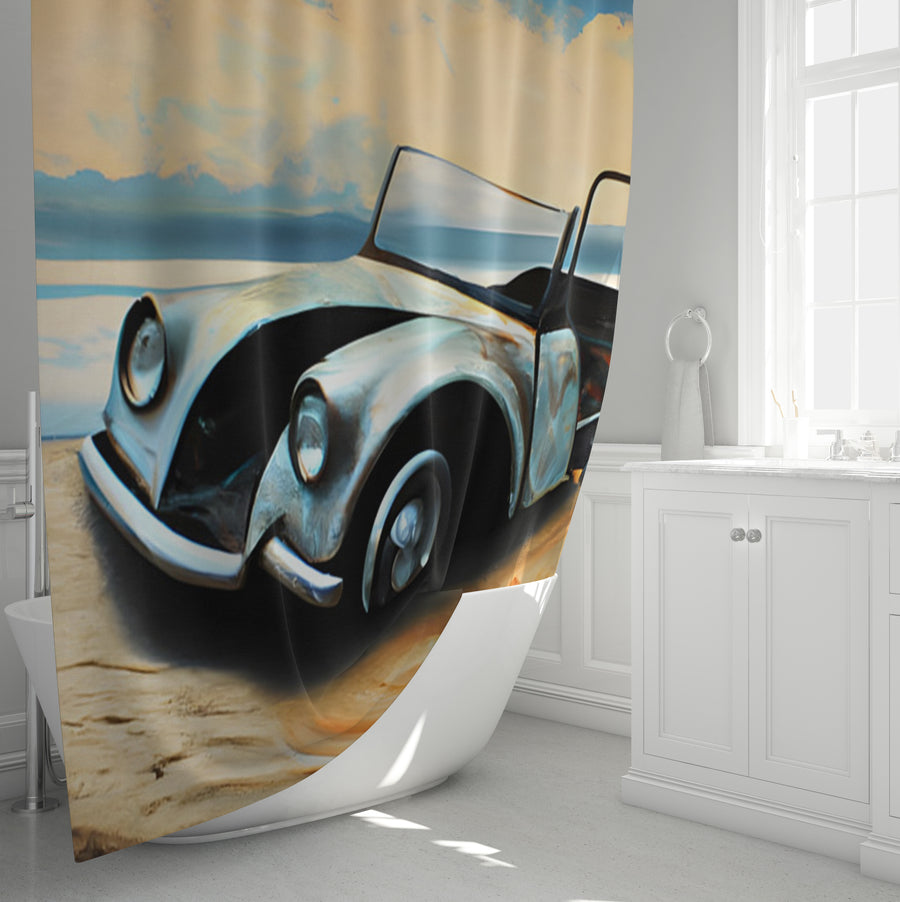 Blue Vintage Car Coastal Artwork Shower Curtain