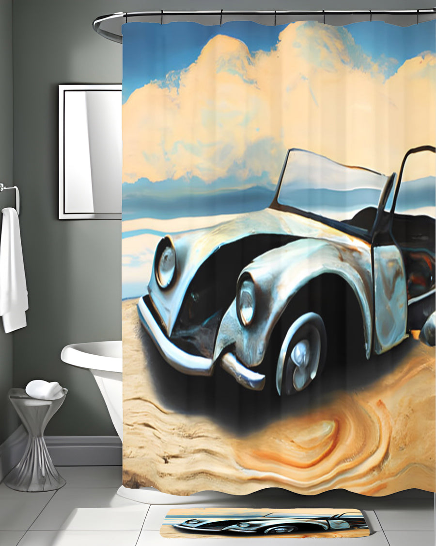 Blue Vintage Car Coastal Artwork Shower Curtain