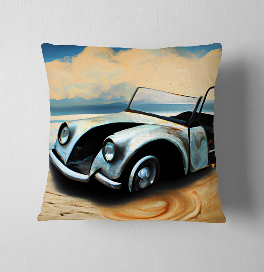 Blue Vintage Car Coastal Artwork Throw Pillow Cover