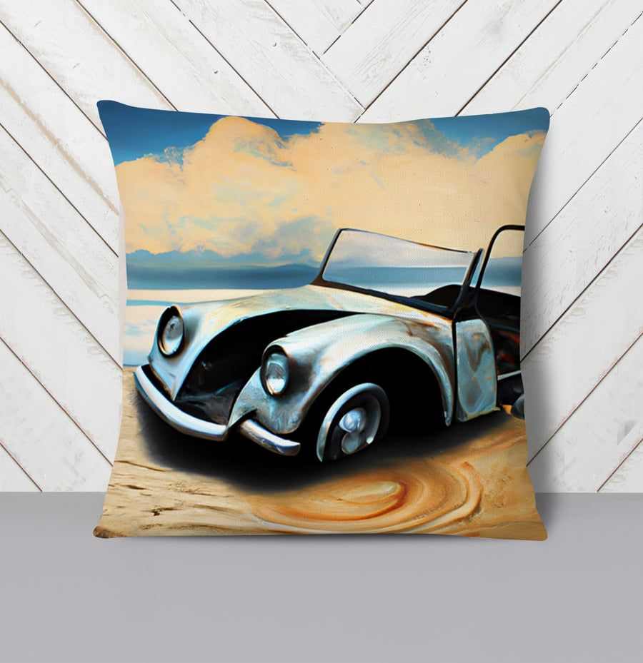 Blue Vintage Car Coastal Artwork Throw Pillow Cover