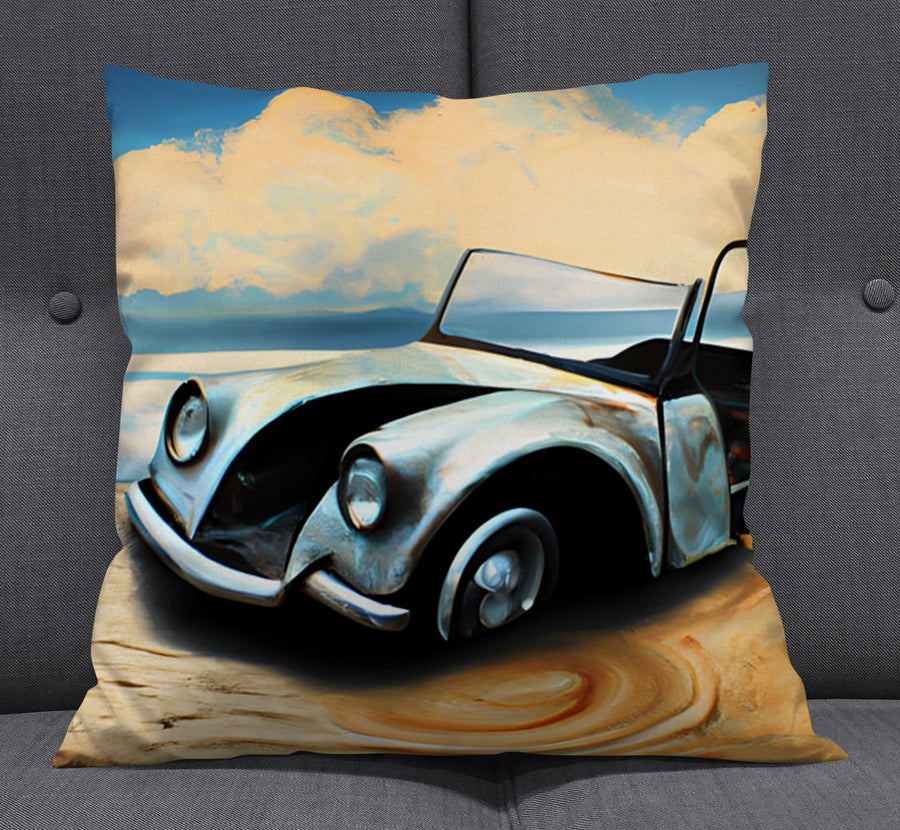 Blue Vintage Car Coastal Artwork Throw Pillow Cover