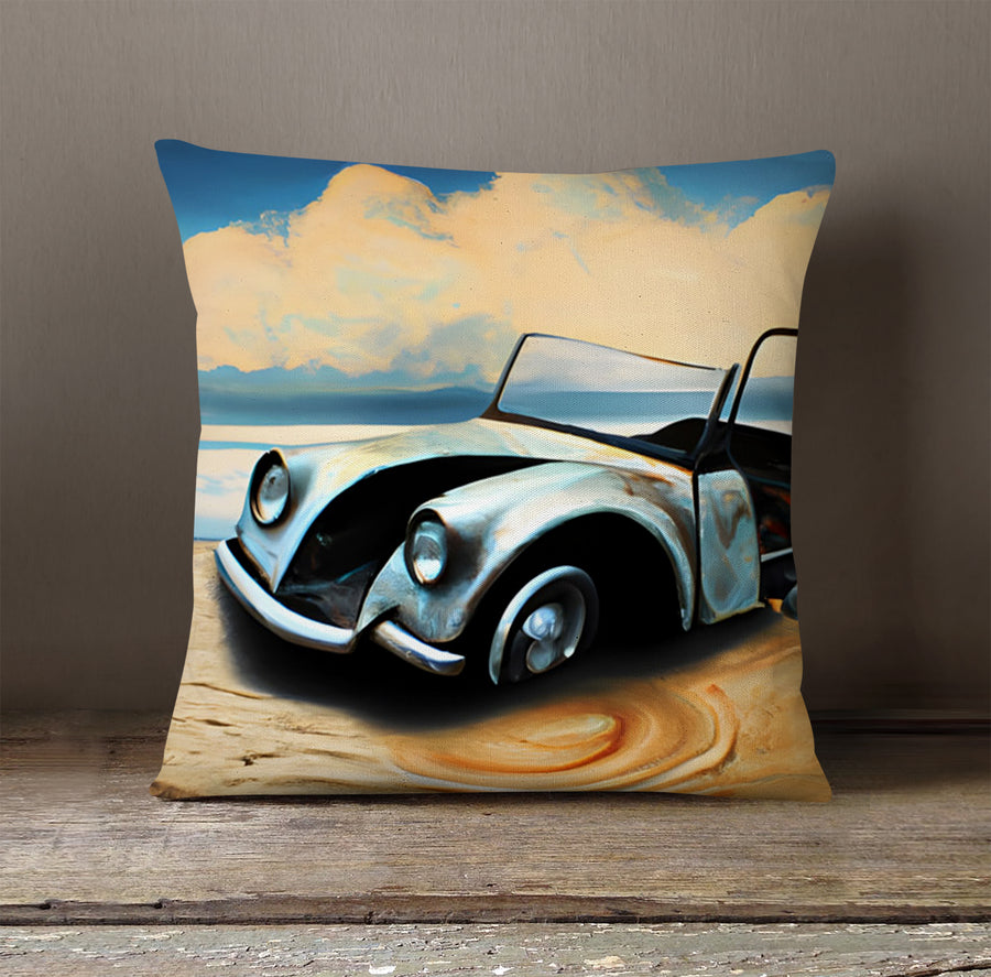 Blue Vintage Car Coastal Artwork Throw Pillow Cover