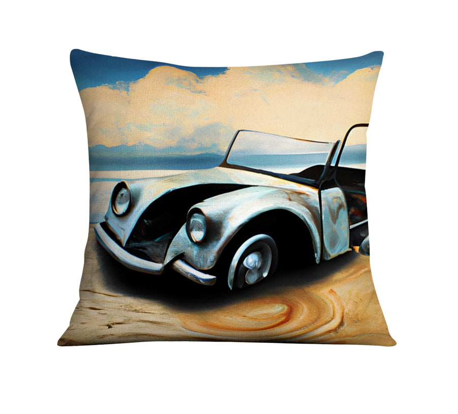 Blue Vintage Car Coastal Artwork Throw Pillow Cover