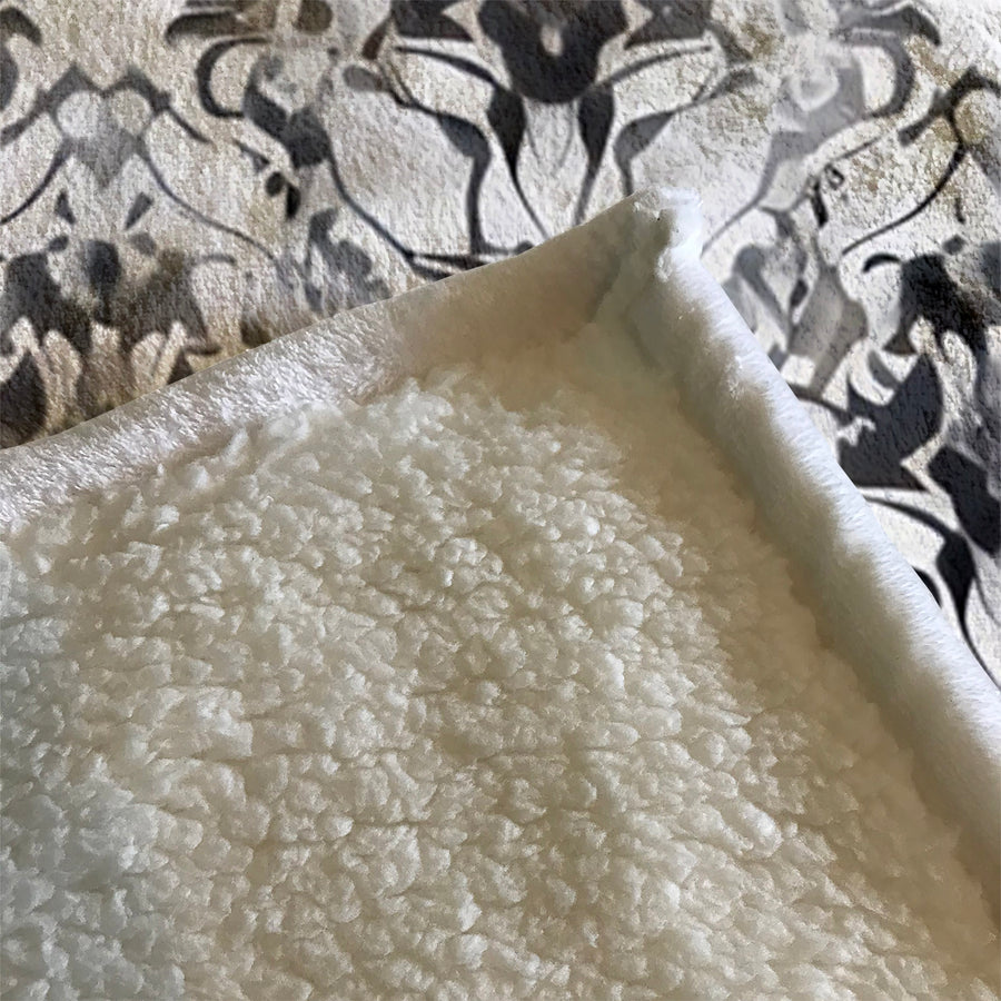 Gray Ornamental Damask Pattern Fleece Sherpa Blanket