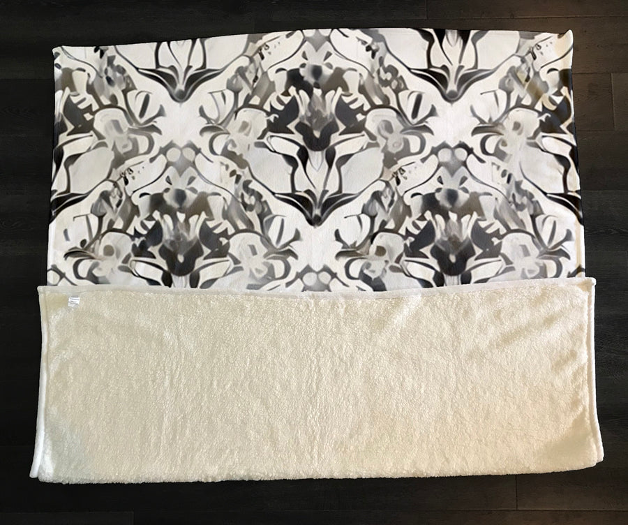 Gray Ornamental Damask Pattern Fleece Sherpa Blanket