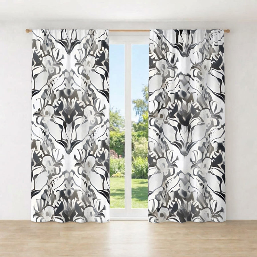 Gray Ornamental Damask Pattern Window Curtains