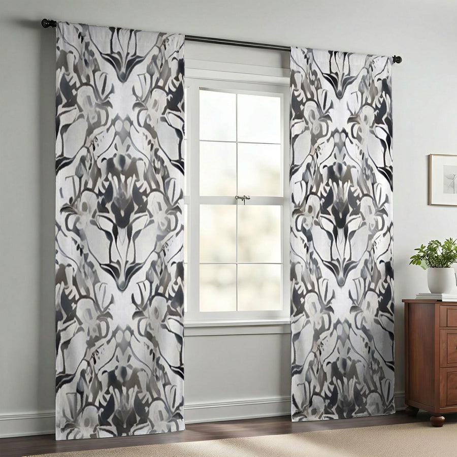 Gray Ornamental Damask Pattern Window Curtains