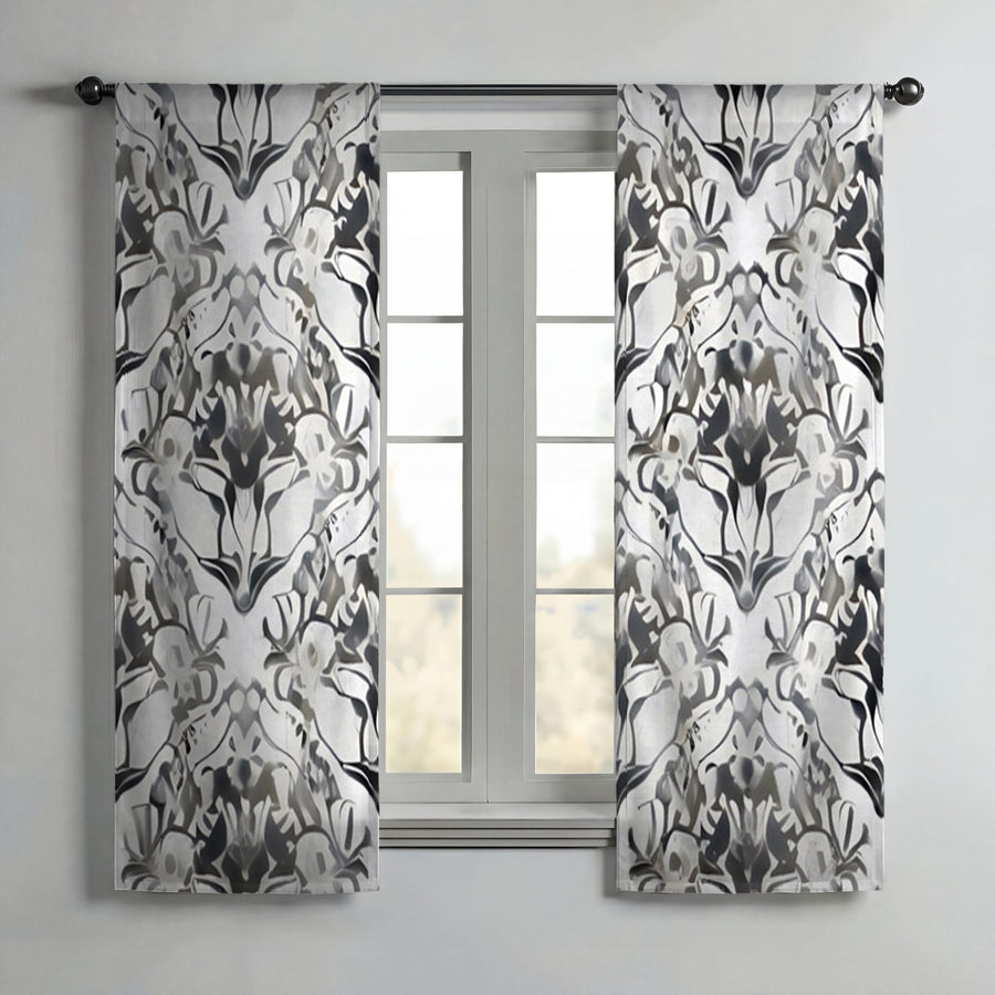 Gray Ornamental Damask Pattern Window Curtains