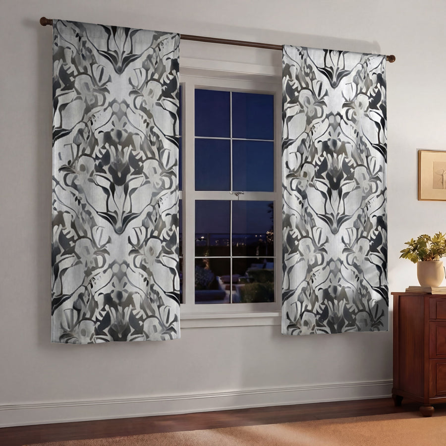 Gray Ornamental Damask Pattern Window Curtains