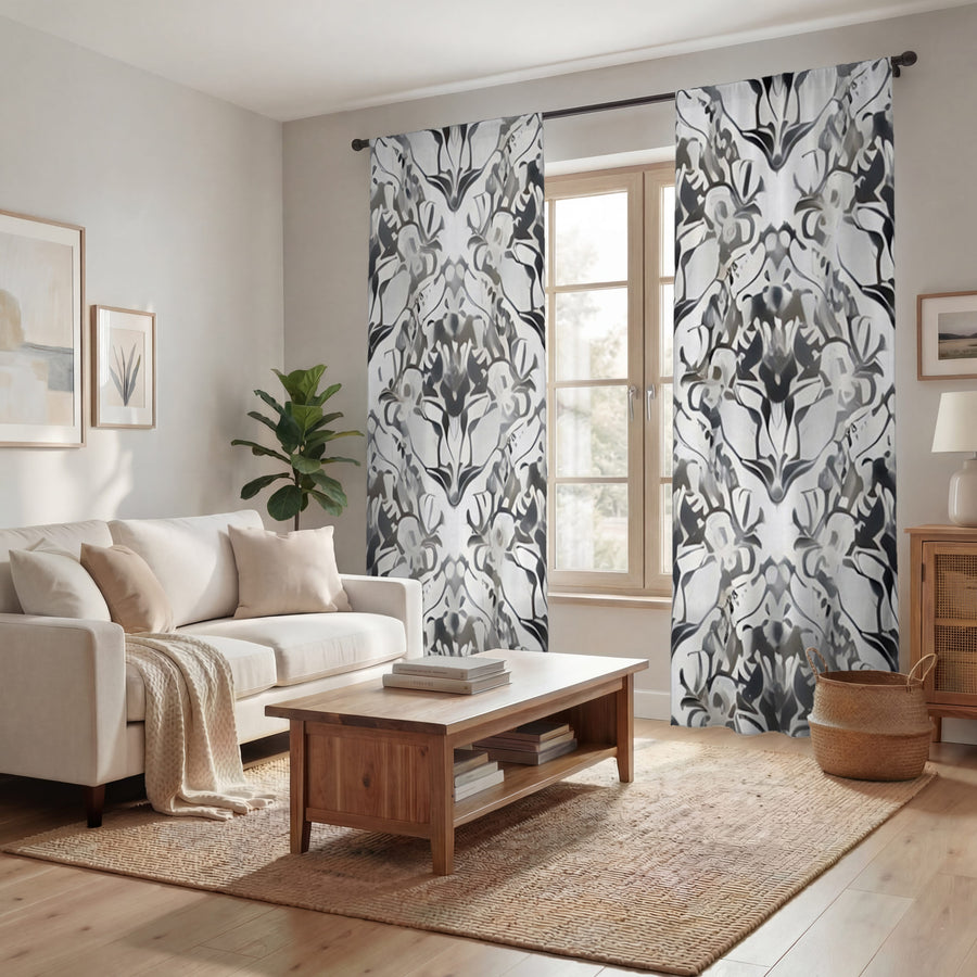 Gray Ornamental Damask Pattern Window Curtains