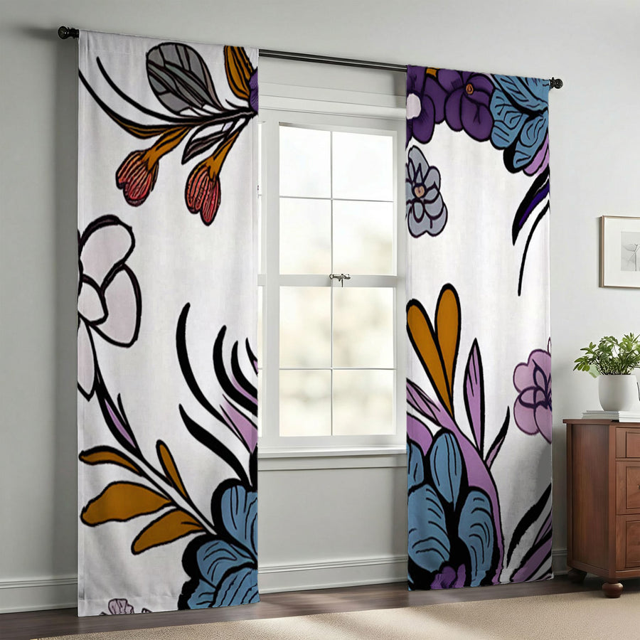 Purple Floral Botanical Pattern Window Curtains
