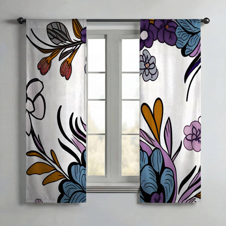 Purple Floral Botanical Pattern Window Curtains