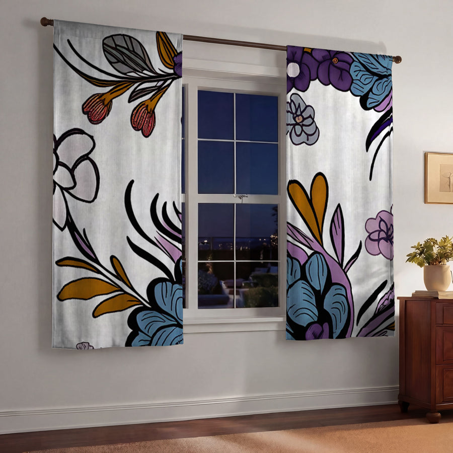 Purple Floral Botanical Pattern Window Curtains