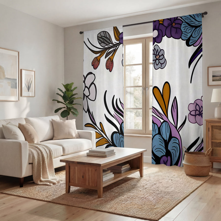 Purple Floral Botanical Pattern Window Curtains