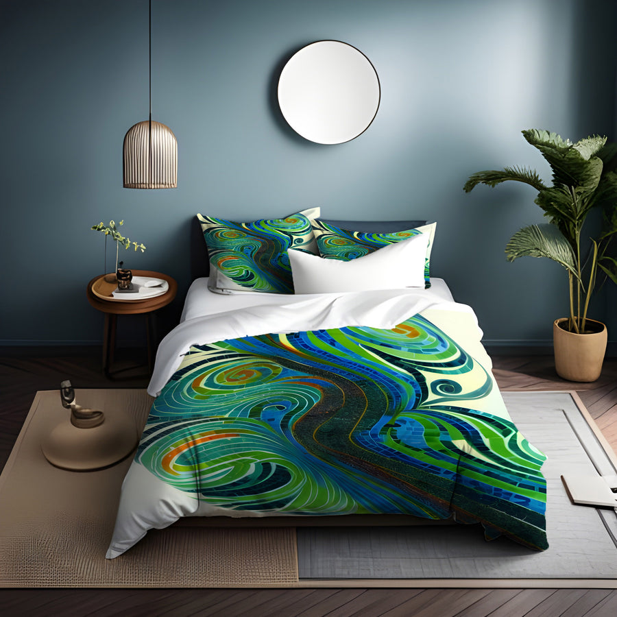 Blue and Green Swirl Abstract Pattern Duvet Cover