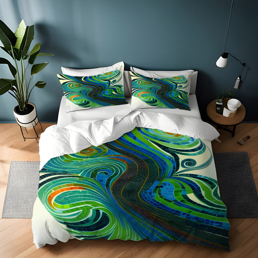 Blue and Green Swirl Abstract Pattern Duvet Cover