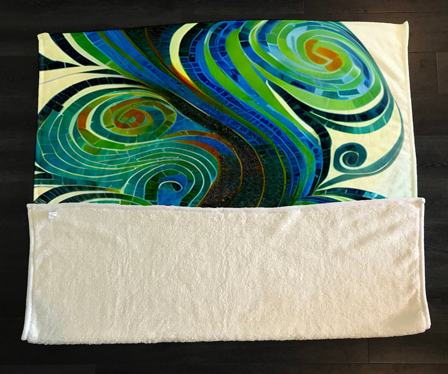 Blue and Green Swirl Abstract Pattern Fleece Sherpa Blanket