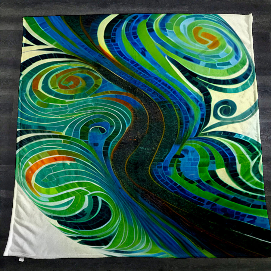 Blue and Green Swirl Abstract Pattern Fleece Sherpa Blanket