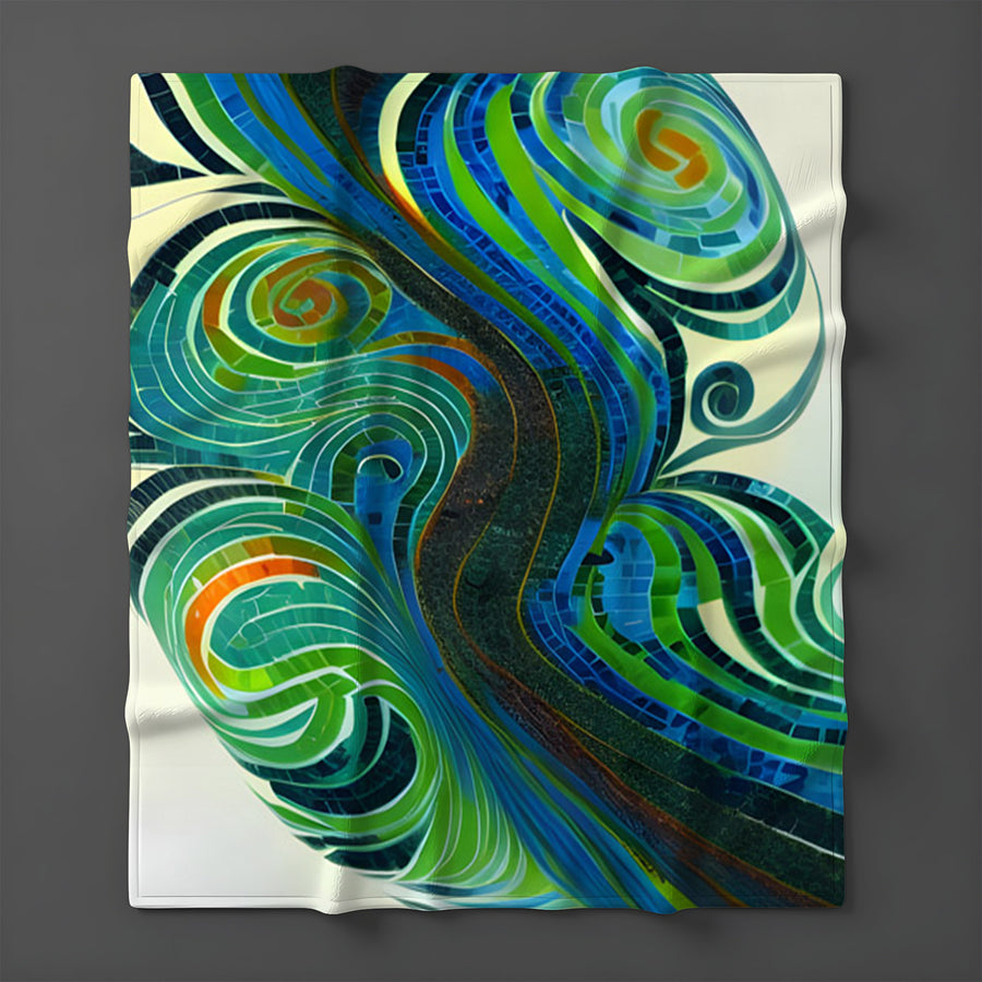 Blue and Green Swirl Abstract Pattern Fleece Sherpa Blanket