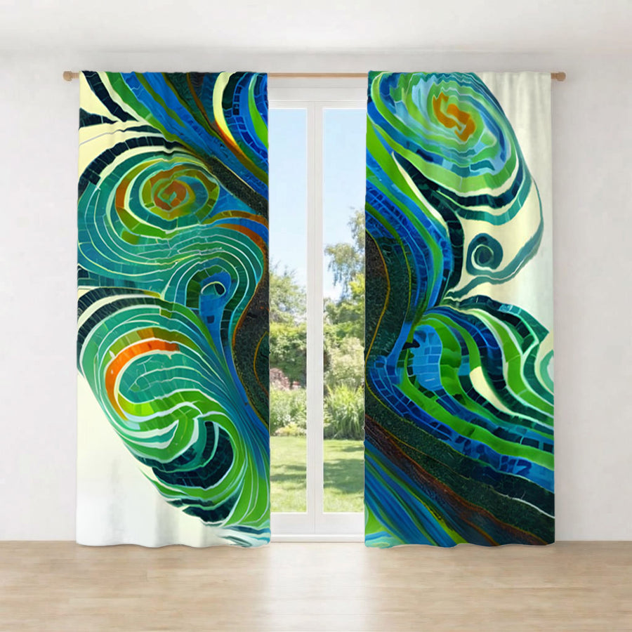 Blue and Green Swirl Abstract Pattern Window Curtains