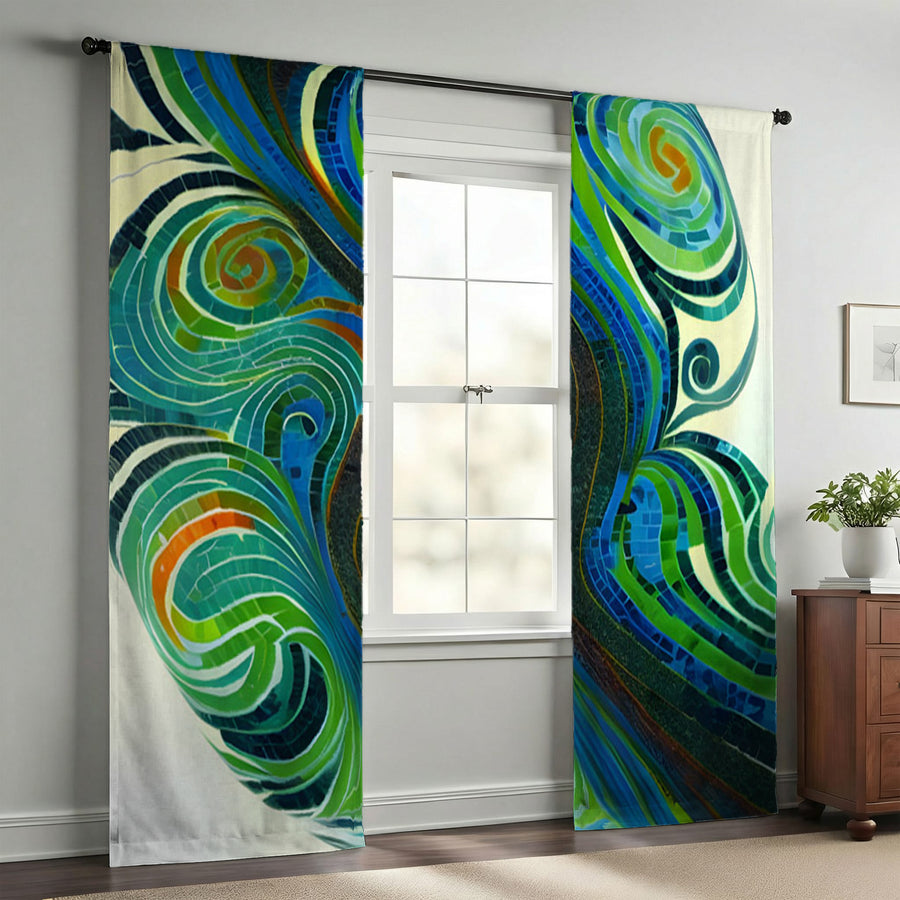 Blue and Green Swirl Abstract Pattern Window Curtains