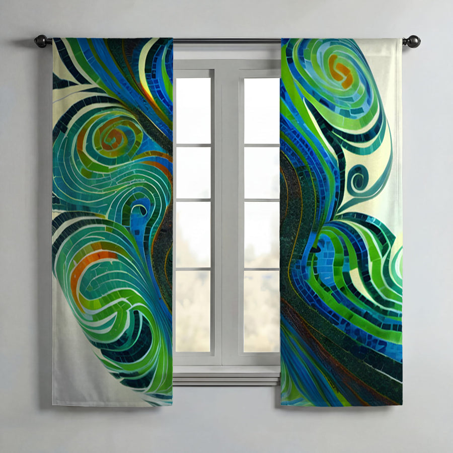 Blue and Green Swirl Abstract Pattern Window Curtains