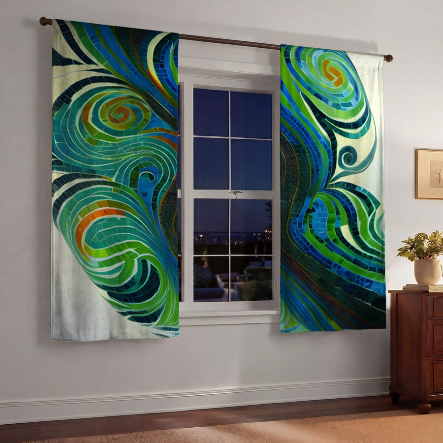 Blue and Green Swirl Abstract Pattern Window Curtains