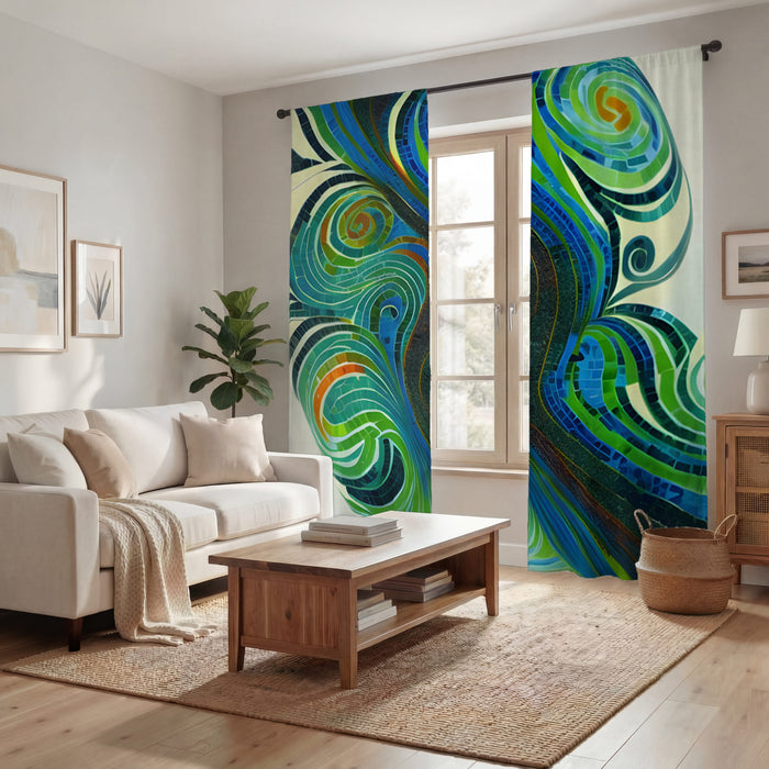 Blue and Green Swirl Abstract Pattern Window Curtains