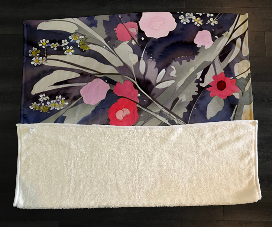 Purple Floral Botanical Artwork Fleece Sherpa Blanket