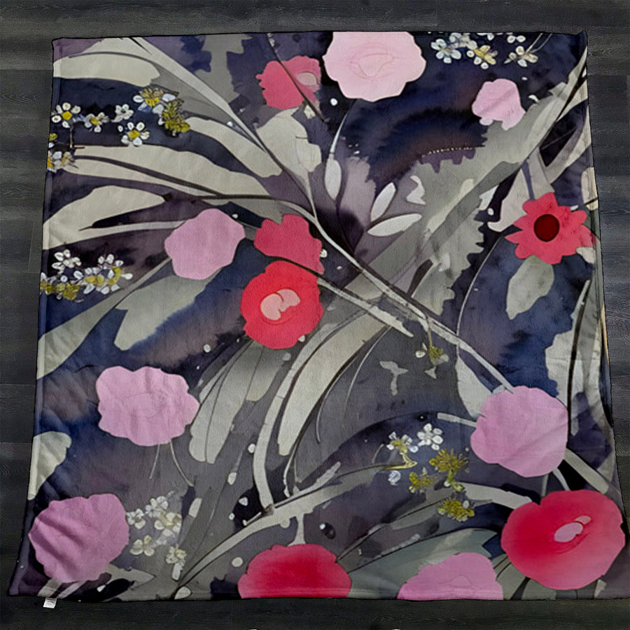 Purple Floral Botanical Artwork Fleece Sherpa Blanket