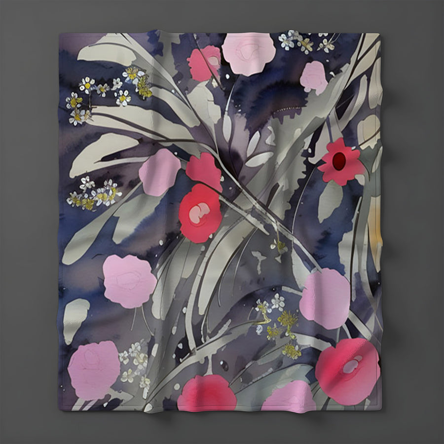 Purple Floral Botanical Artwork Fleece Sherpa Blanket
