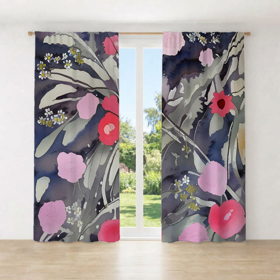 Purple Floral Botanical Artwork Window Curtains
