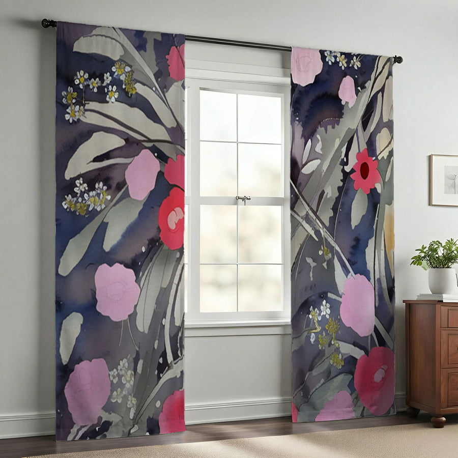 Purple Floral Botanical Artwork Window Curtains
