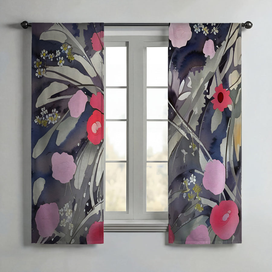 Purple Floral Botanical Artwork Window Curtains