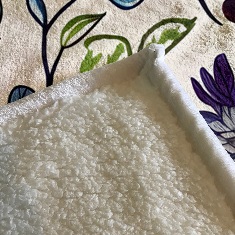 Blue Floral Botanical Pattern Fleece Sherpa Blanket